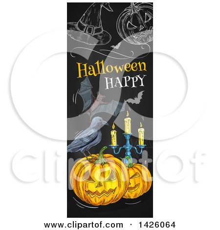 Clipart of a Sketched Vertical Halloween Border of a Crow, Jackolanterns, Candelabra, Bats, Pumpkin and Witch Hat a Blackboard - Royalty Free Vector Illustration by Vector Tradition SM