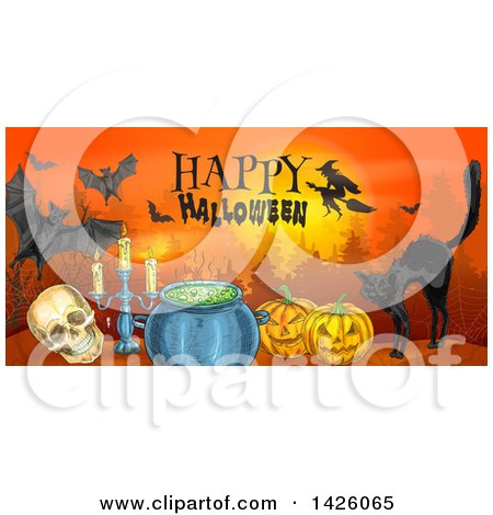 Clipart of a Sketched Border of a Happy Halloween Greeting, Full Moon, Witch, Bats, Skull, Black Cat, Candelabra, Cauldron and Pumpkins - Royalty Free Vector Illustration by Vector Tradition SM