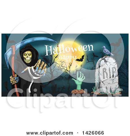 Clipart of a Sketched Border of a Happy Halloween Greeting, Full Moon, Grim Reaper, Zombie and Grave - Royalty Free Vector Illustration by Vector Tradition SM