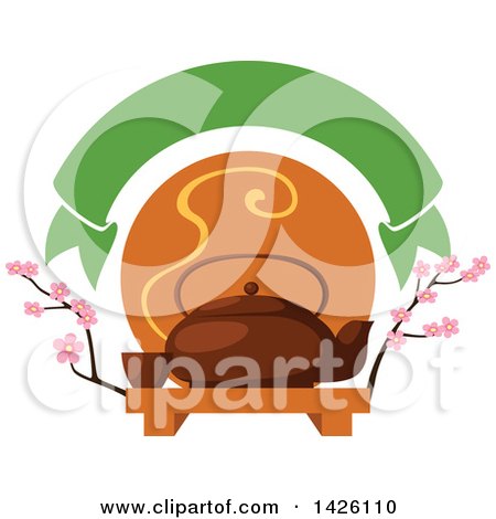 Clipart of a Green Banner over a Japanese Ta Pot with a Cup on a Tray, with Cherry Blossom Branches - Royalty Free Vector Illustration by Vector Tradition SM