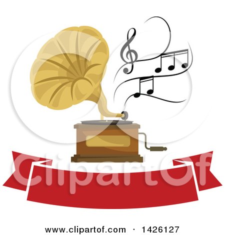 Clipart of a Phonograph with Music Notes over a Red Banner - Royalty Free Vector Illustration by Vector Tradition SM