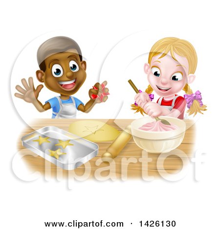 Clipart of a Cartoon Happy Black Boy and White Girl Making Frosting and Star Shaped Cookies - Royalty Free Vector Illustration by AtStockIllustration