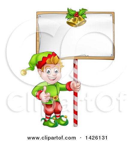 Clipart of a Cartoon Happy Male Christmas Elf Giving a Thumb up and Holding a Blank Sign with Bells - Royalty Free Vector Illustration by AtStockIllustration