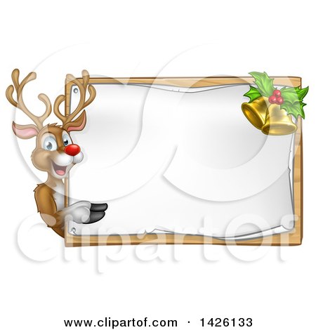 Clipart of a Happy Christmas Reindeer Pointing Around a Sign Board with Bells - Royalty Free Vector Illustration by AtStockIllustration