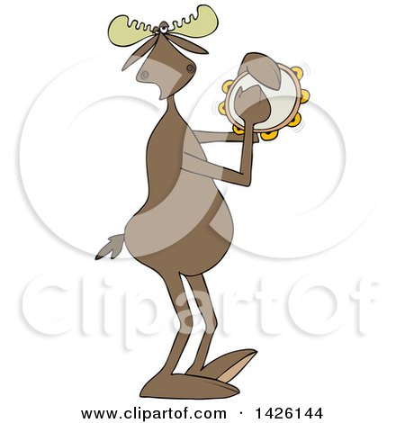 Clipart of a Cartoon Musician Moose Playing a Tambourine - Royalty Free Vector Illustration by djart