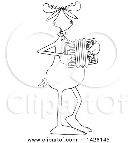 Clipart of a Cartoon Black and White Lineart Musician Moose Playing an Accordion - Royalty Free Vector Illustration by djart