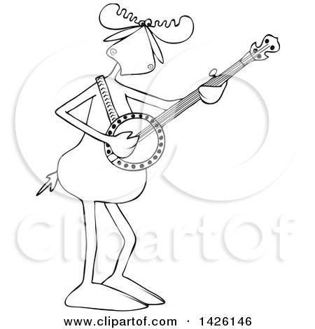 Clipart of a Cartoon Black and White Lineart Musician Moose Playing a Banjo - Royalty Free Vector Illustration by djart