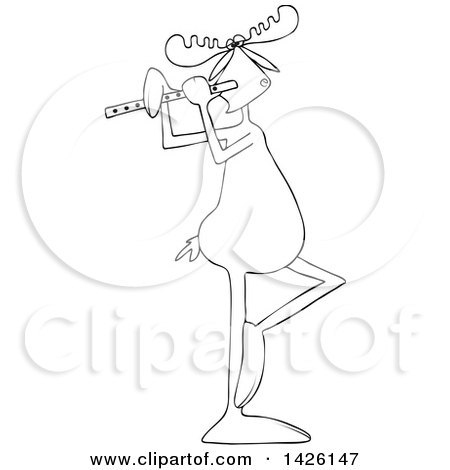 Clipart of a Cartoon Black and White Lineart Musician Moose Playing a Flute - Royalty Free Vector Illustration by djart