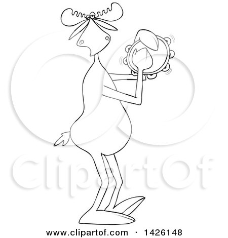 Clipart of a Cartoon Black and White Lineart Musician Moose Playing a Tambourine - Royalty Free Vector Illustration by djart