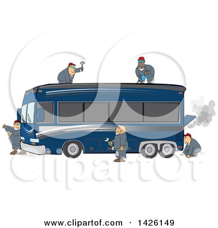 Clipart of a Team of Male Mechanics Repairing a Broken down and Smoking Luxurious Blue Bus Conversion Rv Motorhome - Royalty Free Vector Illustration by djart