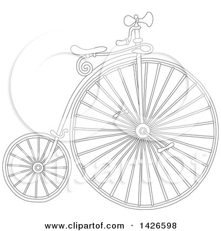 Clipart of a Cartoon Black and White Lineart Penny Farthing Bicycle - Royalty Free Vector Illustration by Alex Bannykh
