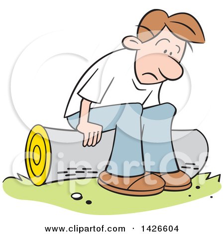 Clipart of a Cartoon Depressed Contemplative Caucasian Man Sitting on a Log - Royalty Free Vector Illustration by Johnny Sajem