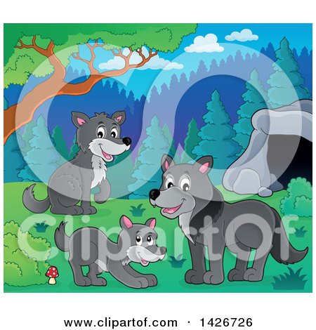 Clipart of a Group of Wolves near a Cave - Royalty Free Vector Illustration by visekart