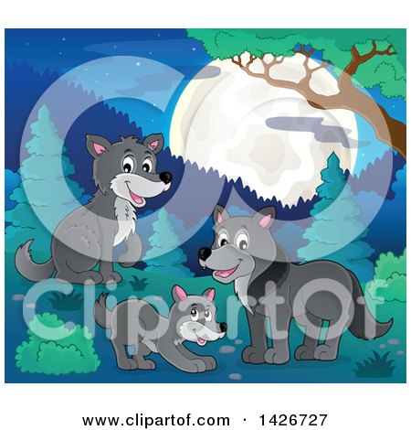 Clipart of a Group of Wolves in the Woods Under a Full Moon - Royalty Free Vector Illustration by visekart