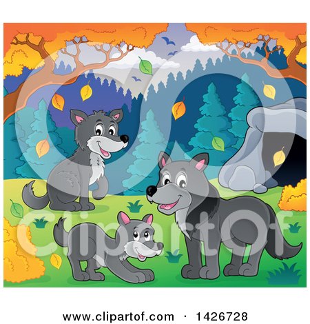 Clipart of a Group of Wolves near a Cave, in the Fall - Royalty Free Vector Illustration by visekart