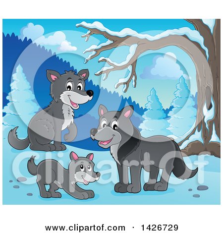 Clipart of a Group of Wolves in the Woods on a Winter Day - Royalty Free Vector Illustration by visekart
