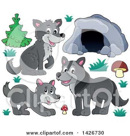Clipart of a Cartoon Cave and Wolves - Royalty Free Vector Illustration by visekart