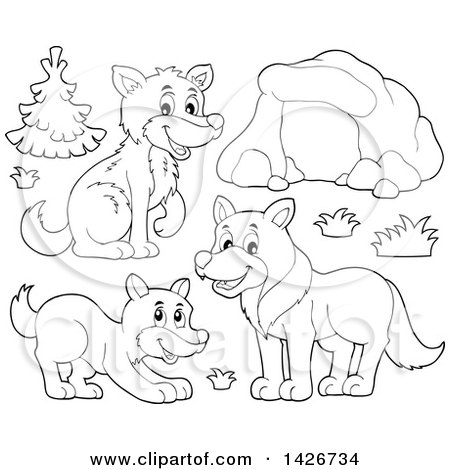 Clipart of a Cartoon Black and White Lineart Cave and Wolves - Royalty Free Vector Illustration by visekart