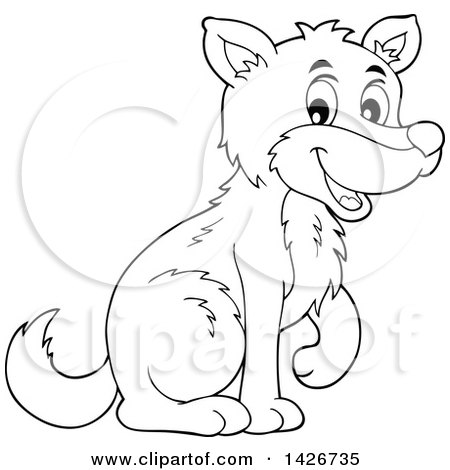 Clipart of a Cartoon Black and White Lineart Wolf Sitting - Royalty Free Vector Illustration by visekart