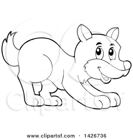 Clipart of a Cartoon Black and White Lineart Playful Wolf - Royalty Free Vector Illustration by visekart