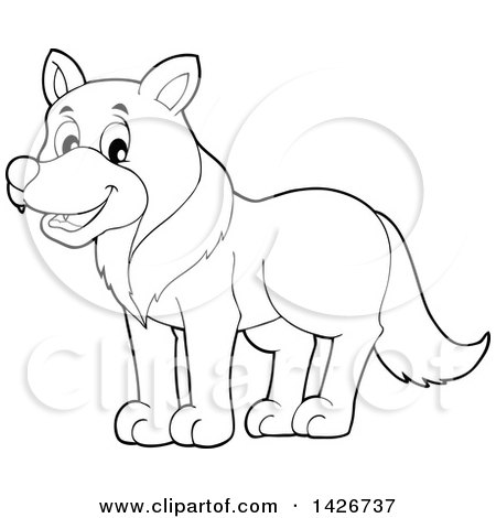 Clipart of a Cartoon Black and White Lineart Wolf - Royalty Free Vector  Illustration by visekart #1426737