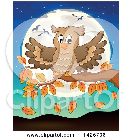Clipart of a Happy Owl Landing on an Autumn Branch Against a Full Moon - Royalty Free Vector Illustration by visekart