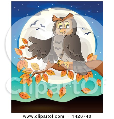 Clipart of a Happy Owl Presenting on an Autumn Branch Against a Full Moon - Royalty Free Vector Illustration by visekart