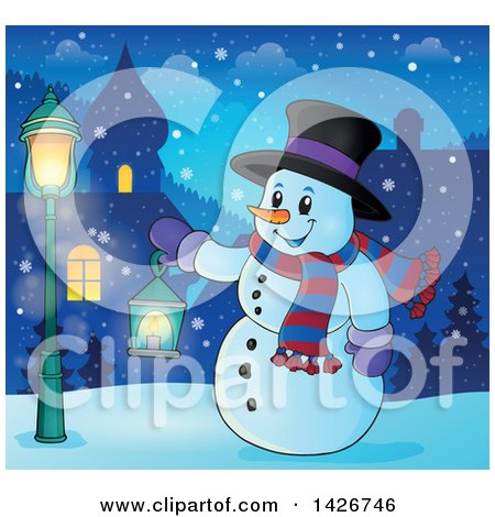 Clipart of a Snowman Holding a Lantern in a Village at Night - Royalty Free Vector Illustration by visekart
