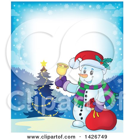 Clipart of a Festive Border of a Snowman Ringing a Bell and Holding a Sack by a Christmas Tree - Royalty Free Vector Illustration by visekart