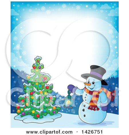 Clipart of a Border of a Snowman Holding a Lantern by a Christmas Tree - Royalty Free Vector Illustration by visekart