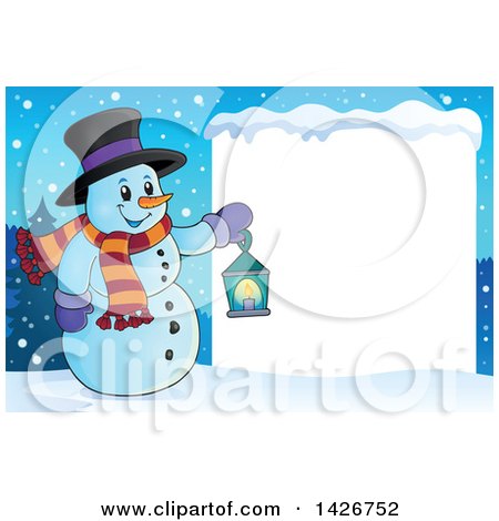 Clipart of a Snowman Holding a Lantern by a Blank Sign in the Snow - Royalty Free Vector Illustration by visekart