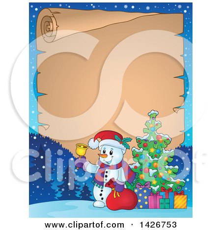 Clipart of a Parchment Scroll Border of a Festive Snowman Ringing a Bell and Holding a Sack by a Christmas Tree with Gifts - Royalty Free Vector Illustration by visekart