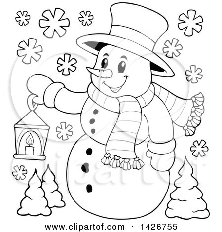 Clipart of a Black and White Lineart Snowman Holding a Lantern - Royalty Free Vector Illustration by visekart