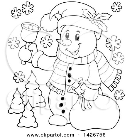 Clipart of a Black and White Lineart Festive Christmas Snowman Ringing a Bell and Holding a Sack - Royalty Free Vector Illustration by visekart