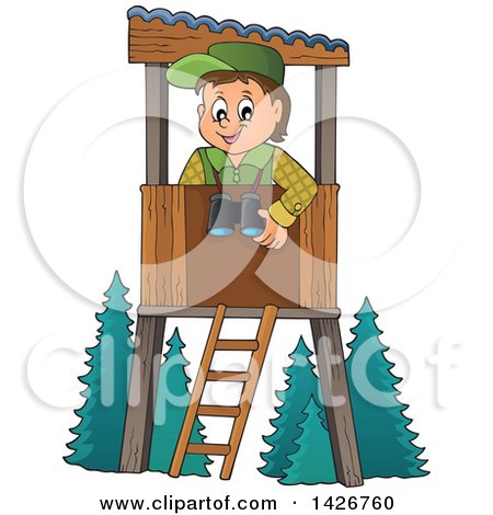 Clipart of a Happy Male Forester in a Lookout - Royalty Free Vector Illustration by visekart