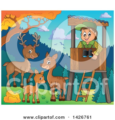 Clipart of a Happy Male Forester in a Lookout, Watching Deer on a Fall Day - Royalty Free Vector Illustration by visekart