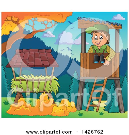 Clipart of a Happy Male Forester in a Lookout over Hay on a Fall Day - Royalty Free Vector Illustration by visekart