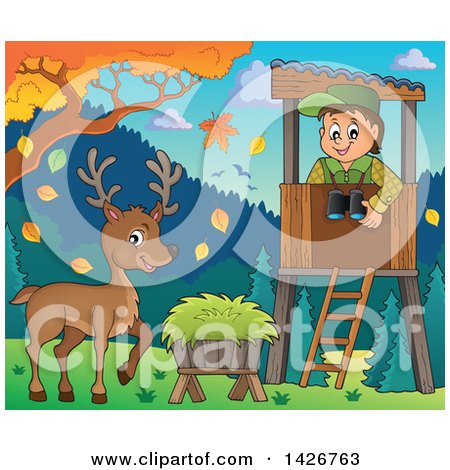 Clipart of a Happy Male Forester in a Lookout, Watching a Buck Deer on a Fall Day - Royalty Free Vector Illustration by visekart