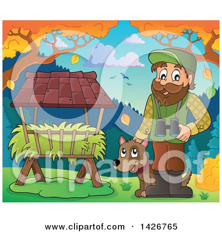 Clipart of a Happy Male Forester by a Hay Trough with Binoculars and a Dog, in a Fall Landscape - Royalty Free Vector Illustration by visekart