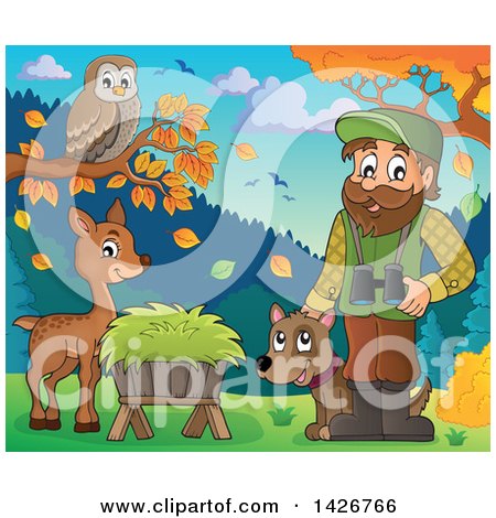 Clipart of a Happy Male Forester by Animals at a Hay Trough with Binoculars and a Dog - Royalty Free Vector Illustration by visekart
