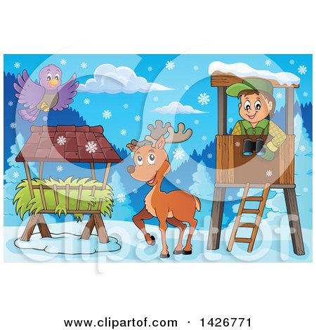 Clipart of a Happy Male Forester in a Lookout, Watching a Bird and Deer on a Winter Day - Royalty Free Vector Illustration by visekart