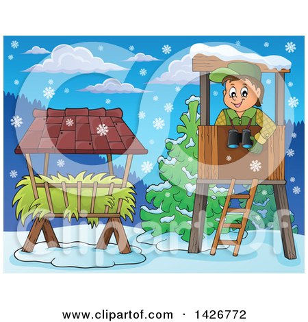 Clipart of a Happy Male Forester in a Lookout over Hay on a Winter Day - Royalty Free Vector Illustration by visekart