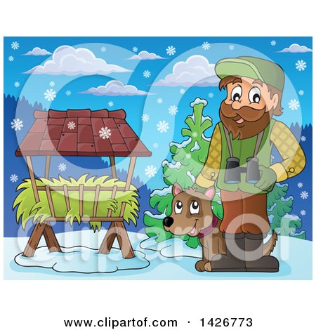Clipart of a Happy Male Forester by a Hay Trough with Binoculars and a Dog, in a Winter Landscape - Royalty Free Vector Illustration by visekart