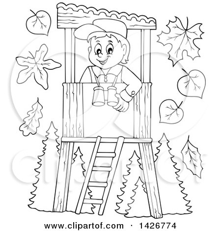 Clipart of a Black and White Lineart Happy Male Forester in a Lookout - Royalty Free Vector Illustration by visekart