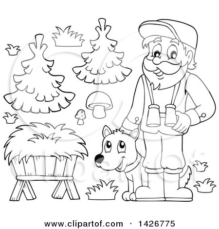 Clipart of a Black and White Lineart Male Forest Worker with a Dog, Trough, Mushrooms and Trees - Royalty Free Vector Illustration by visekart