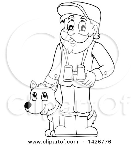 Clipart of a Black and White Lineart Happy Male Forester with Binoculars and a Dog - Royalty Free Vector Illustration by visekart