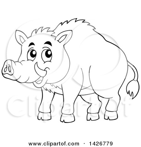 Clipart of a Black and White Lineart Razorback Boar - Royalty Free Vector Illustration by visekart