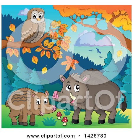 Clipart of a Razorback Boar Piglet and Mother Under Autumn Trees with an Owl - Royalty Free Vector Illustration by visekart