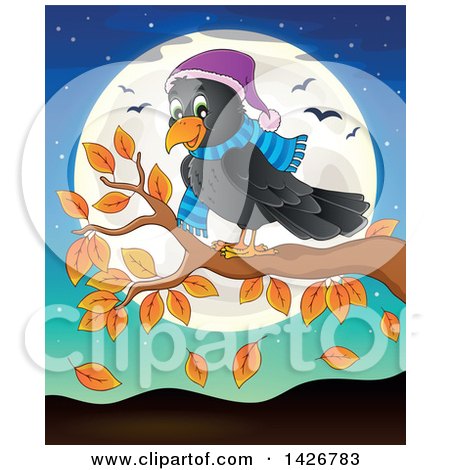 Clipart of a Happy Crow on an Autumn Branch Against a Full Moon - Royalty Free Vector Illustration by visekart