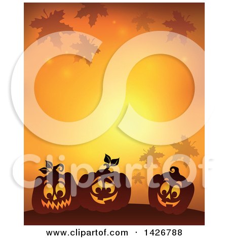Clipart of a Halloween Background of Falling Leaves and Silhouetted Jackolantern Pumpkins on Orange - Royalty Free Vector Illustration by visekart